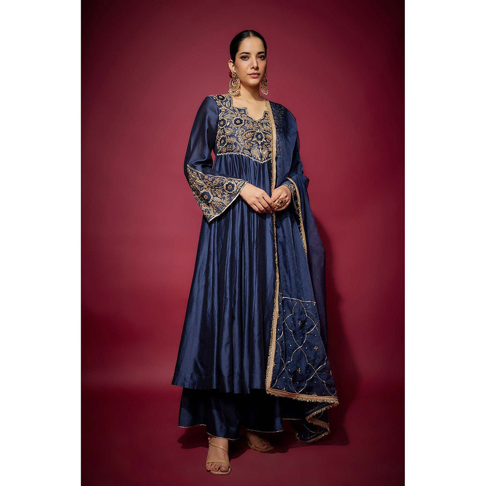 THE AARYA Navy Blue Izara Embellished Anarkali with Palazzo and Dupatta (Set of 3)