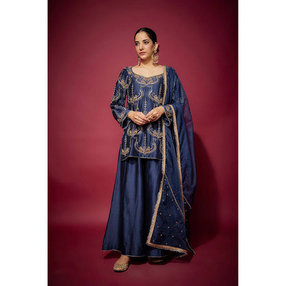 THE AARYA Navy Blue Neyla Embellished Kurta with Palazzo and Dupatta (Set of 3)