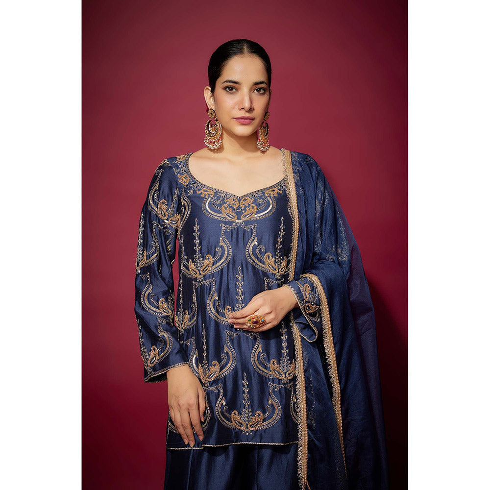 THE AARYA Navy Blue Neyla Embellished Kurta with Palazzo and Dupatta (Set of 3)