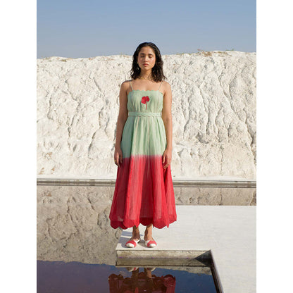 The Loom Art Avocado Punch Green and Red Dress with Belt (Set of 2)