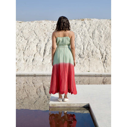 The Loom Art Avocado Punch Green and Red Dress with Belt (Set of 2)