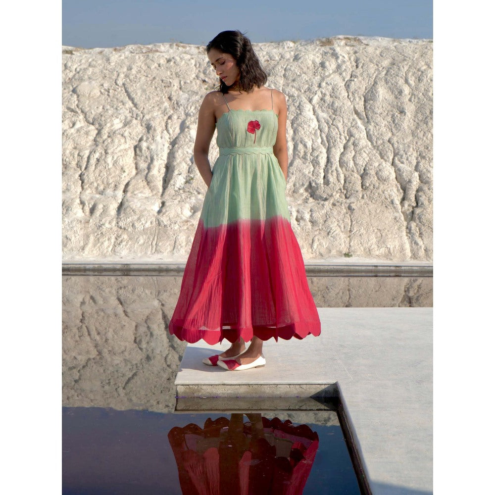 The Loom Art Avocado Punch Green and Red Dress with Belt (Set of 2)