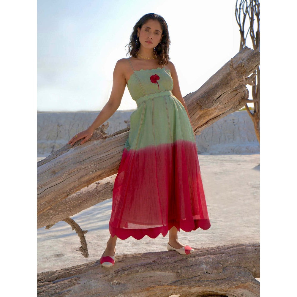 The Loom Art Avocado Punch Green and Red Dress with Belt (Set of 2)