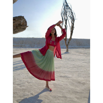 The Loom Art Mint Green and Wine Red Shirt Bralette and Skirt (Set of 3)