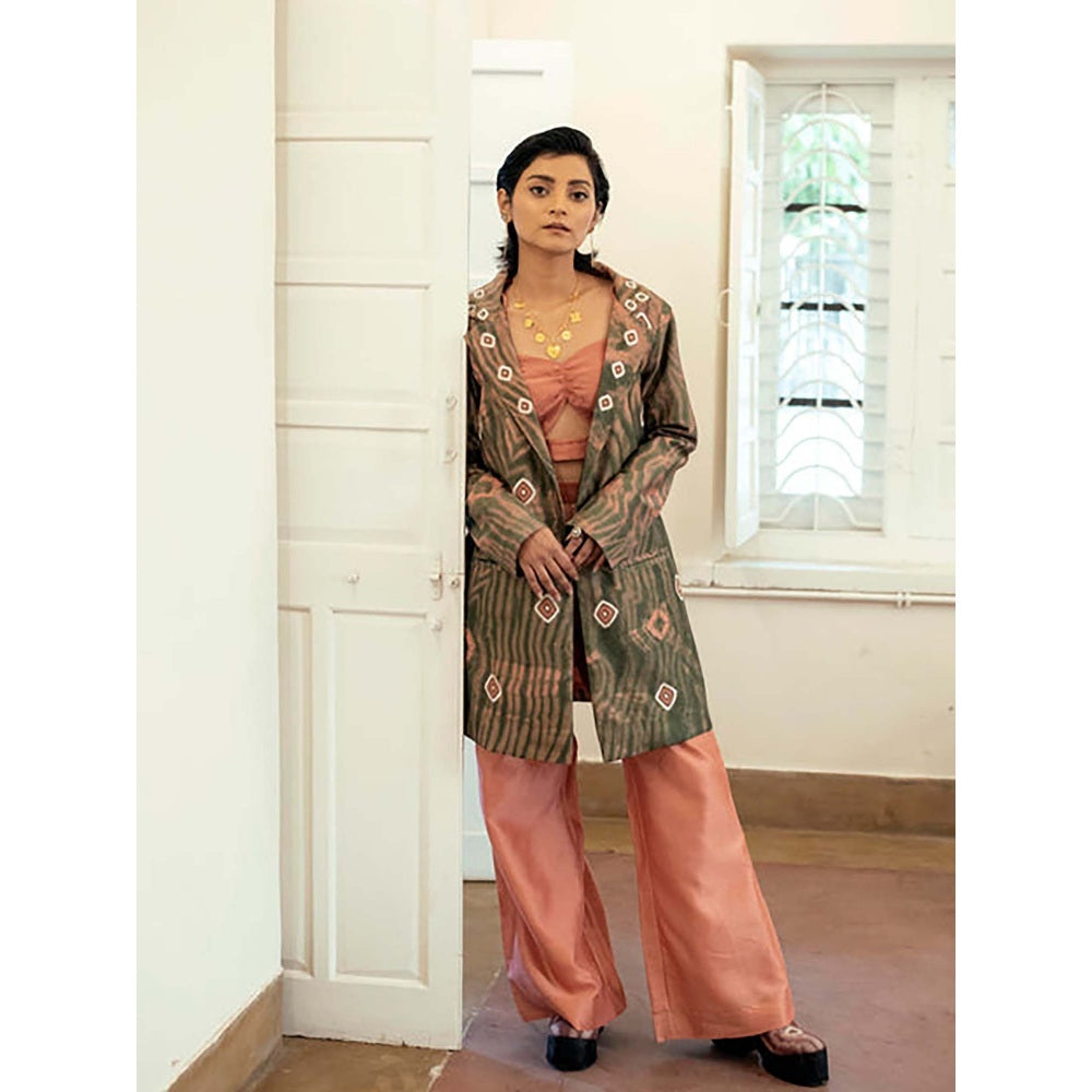 The Loom Art Salmon Moss Crop Top With Pant And Blazer