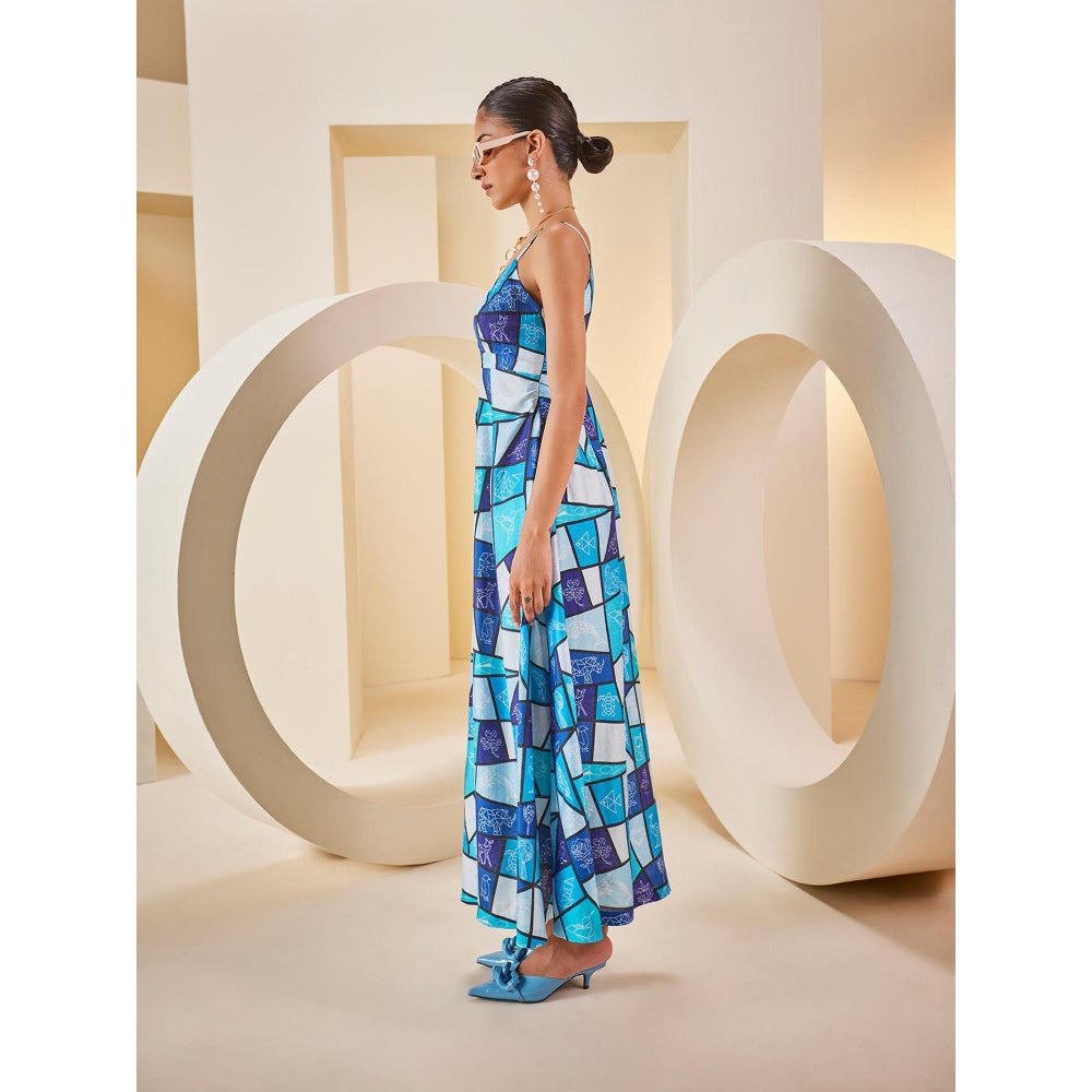 THE ROYALEUM ATELIER Blue Printed Midi Dress