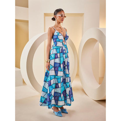 THE ROYALEUM ATELIER Blue Printed Midi Dress