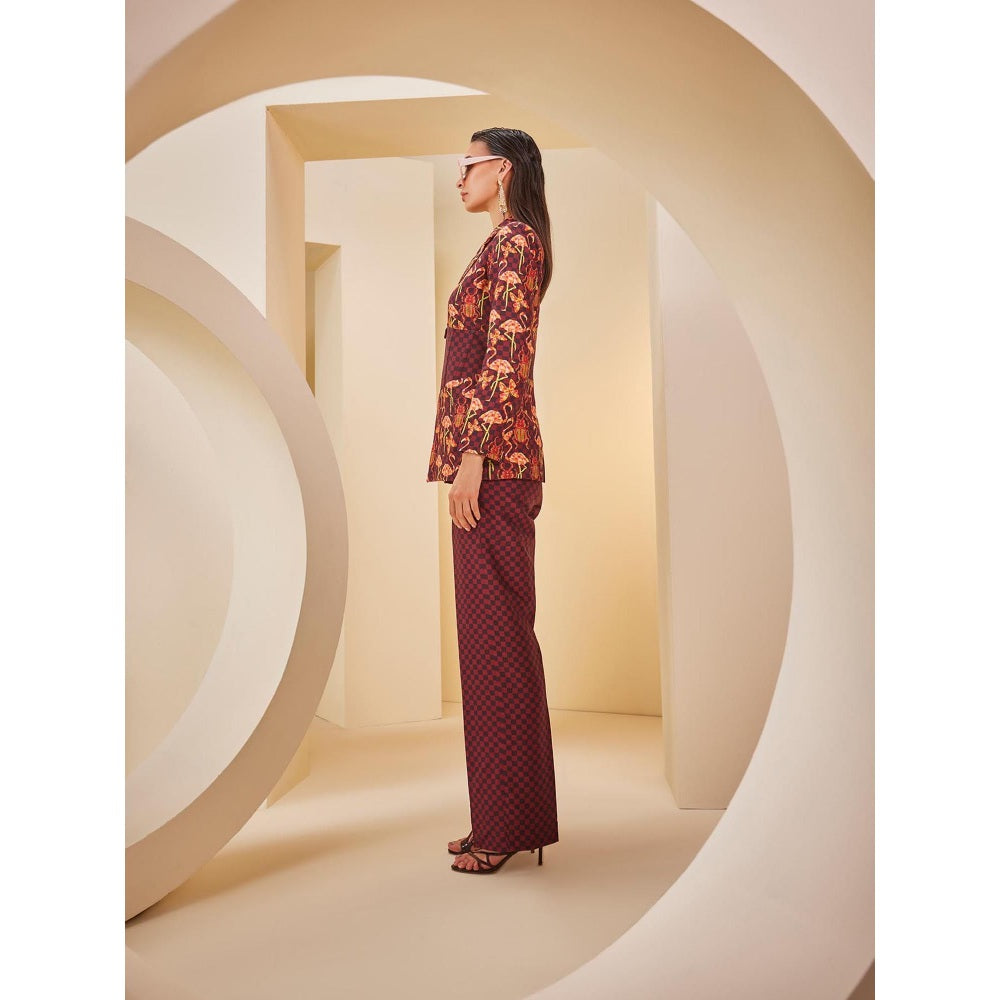 THE ROYALEUM ATELIER Maroon Corset Tube Top with Pant and Jacket (Set of 3)