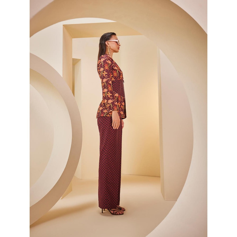 THE ROYALEUM ATELIER Maroon Corset Tube Top with Pant and Jacket (Set of 3)