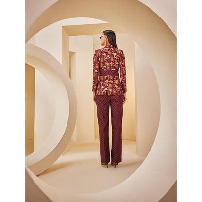 THE ROYALEUM ATELIER Maroon Corset Tube Top with Pant and Jacket (Set of 3)