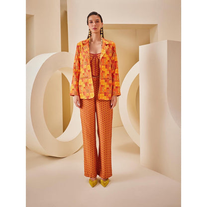 THE ROYALEUM ATELIER Orange Pant with Corset Top and Blazer (Set of 3)