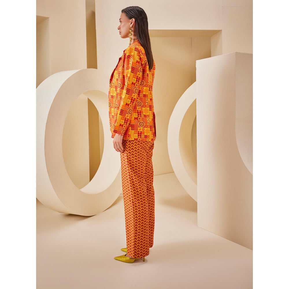 THE ROYALEUM ATELIER Orange Pant with Corset Top and Blazer (Set of 3)