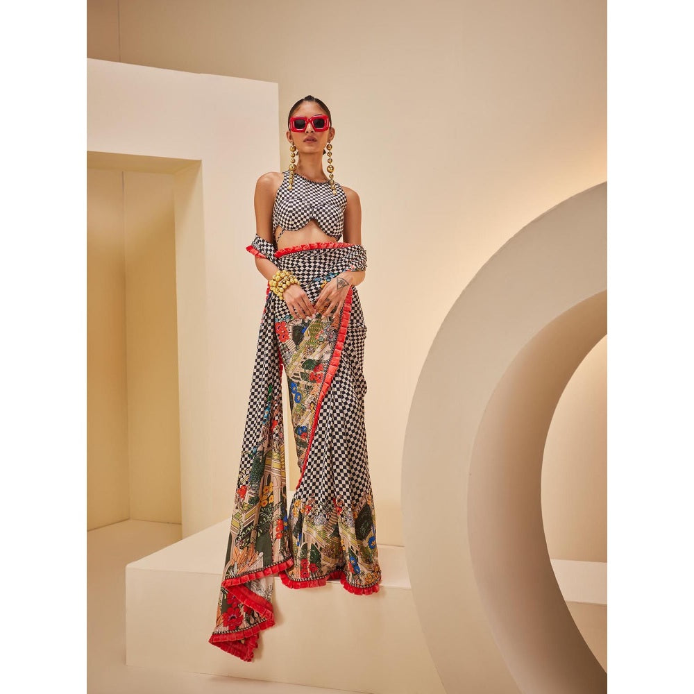THE ROYALEUM ATELIER Women's Checks Printed Saree with Stitched Blouse and Petticoat