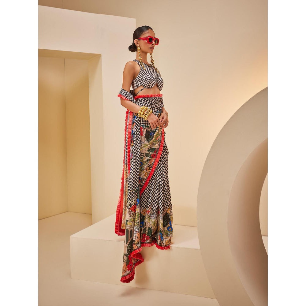 THE ROYALEUM ATELIER Women's Checks Printed Saree with Stitched Blouse and Petticoat