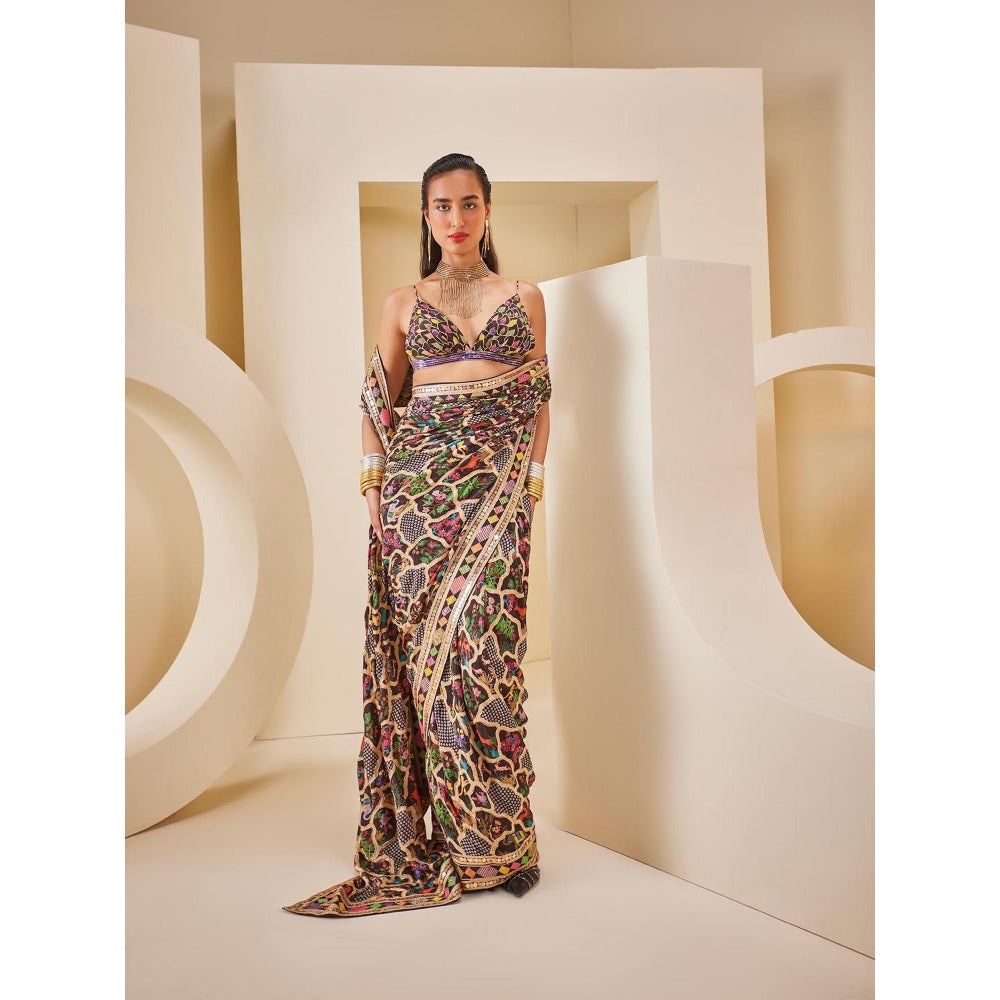 THE ROYALEUM ATELIER Women's Printed Embellished Saree with Stitched Blouse and Petticoat