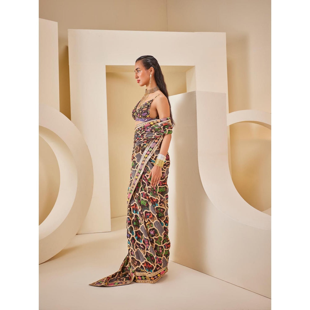 THE ROYALEUM ATELIER Women's Printed Embellished Saree with Stitched Blouse and Petticoat