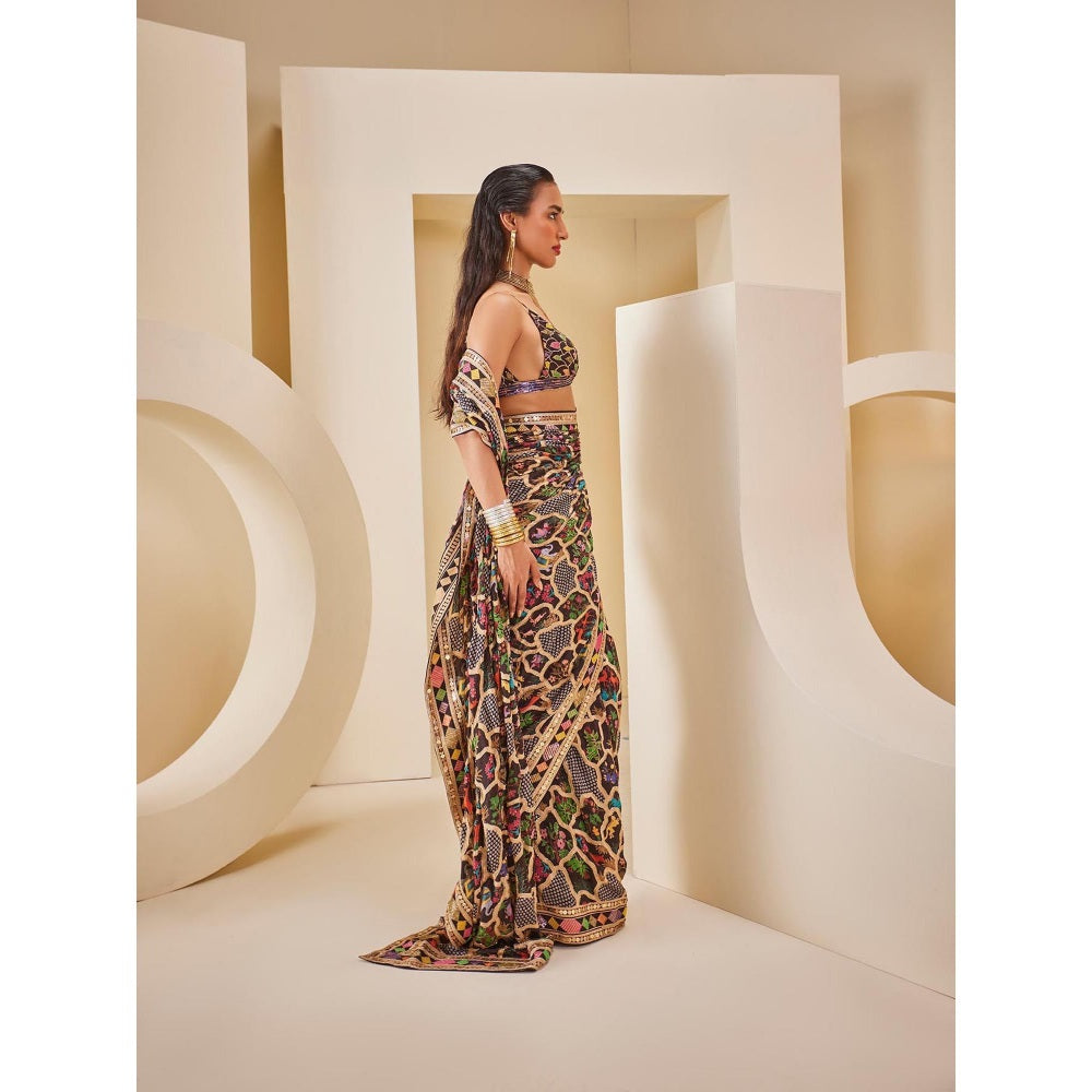 THE ROYALEUM ATELIER Women's Printed Embellished Saree with Stitched Blouse and Petticoat