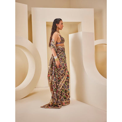 THE ROYALEUM ATELIER Women's Printed Embellished Saree with Stitched Blouse and Petticoat
