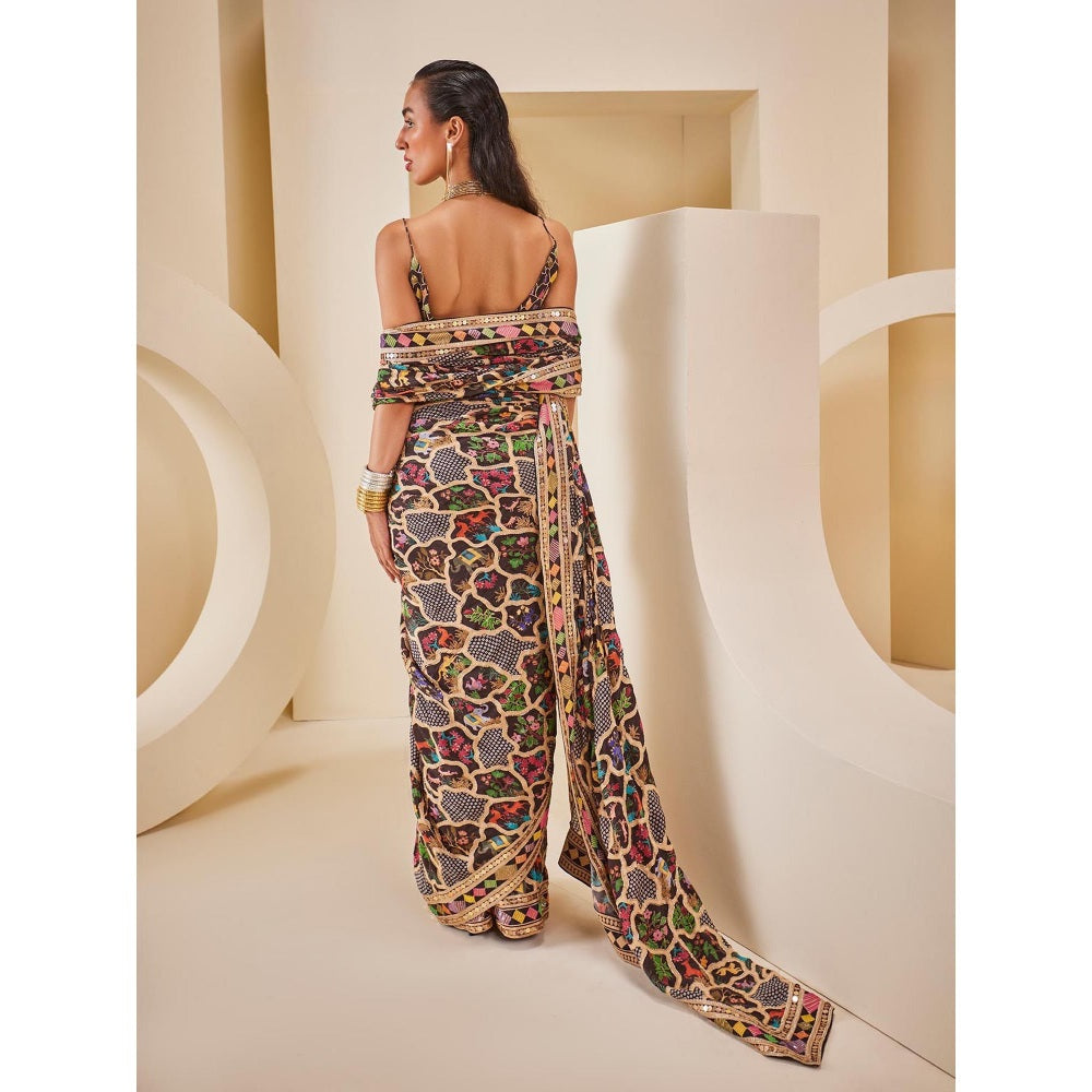 THE ROYALEUM ATELIER Women's Printed Embellished Saree with Stitched Blouse and Petticoat