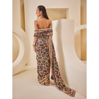 THE ROYALEUM ATELIER Women's Printed Embellished Saree with Stitched Blouse and Petticoat