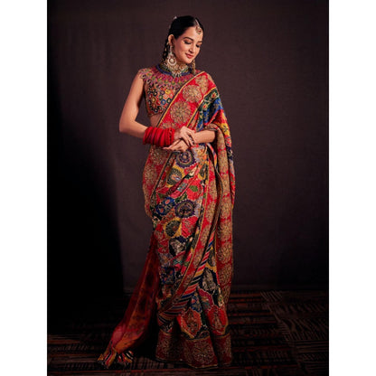 THE ROYALEUM ATELIER Red Arzoo Saree with Stitched Blouse