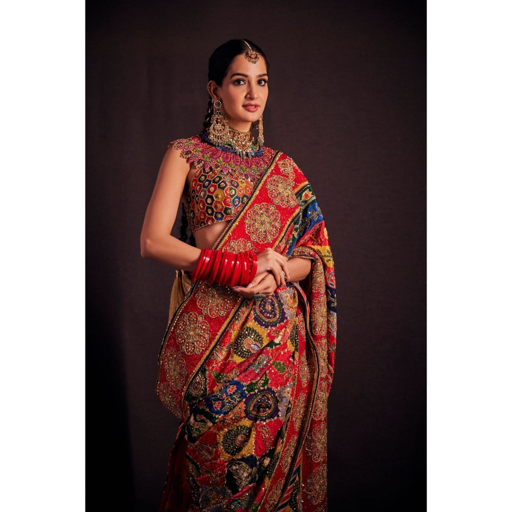 THE ROYALEUM ATELIER Red Arzoo Saree with Stitched Blouse