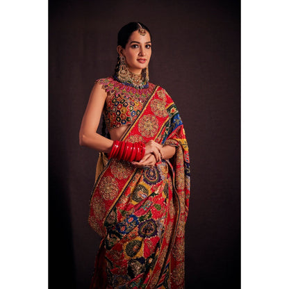 THE ROYALEUM ATELIER Red Arzoo Saree with Stitched Blouse