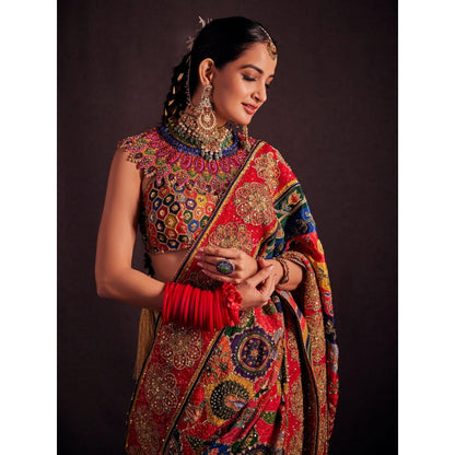 THE ROYALEUM ATELIER Red Arzoo Saree with Stitched Blouse