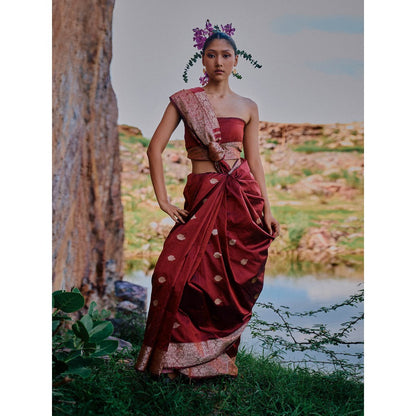 The Whole Nine Yards Unnati Red Woven Saree with Unstitched Blouse