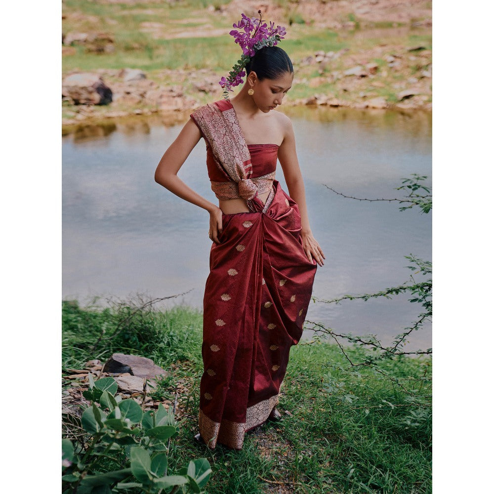 The Whole Nine Yards Unnati Red Woven Saree with Unstitched Blouse