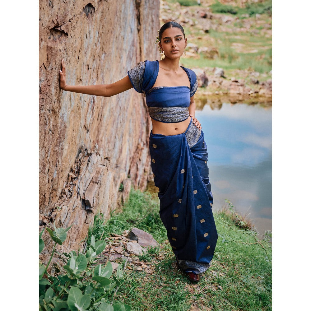 The Whole Nine Yards Sarasvat Blue Woven Saree with Unstitched Blouse