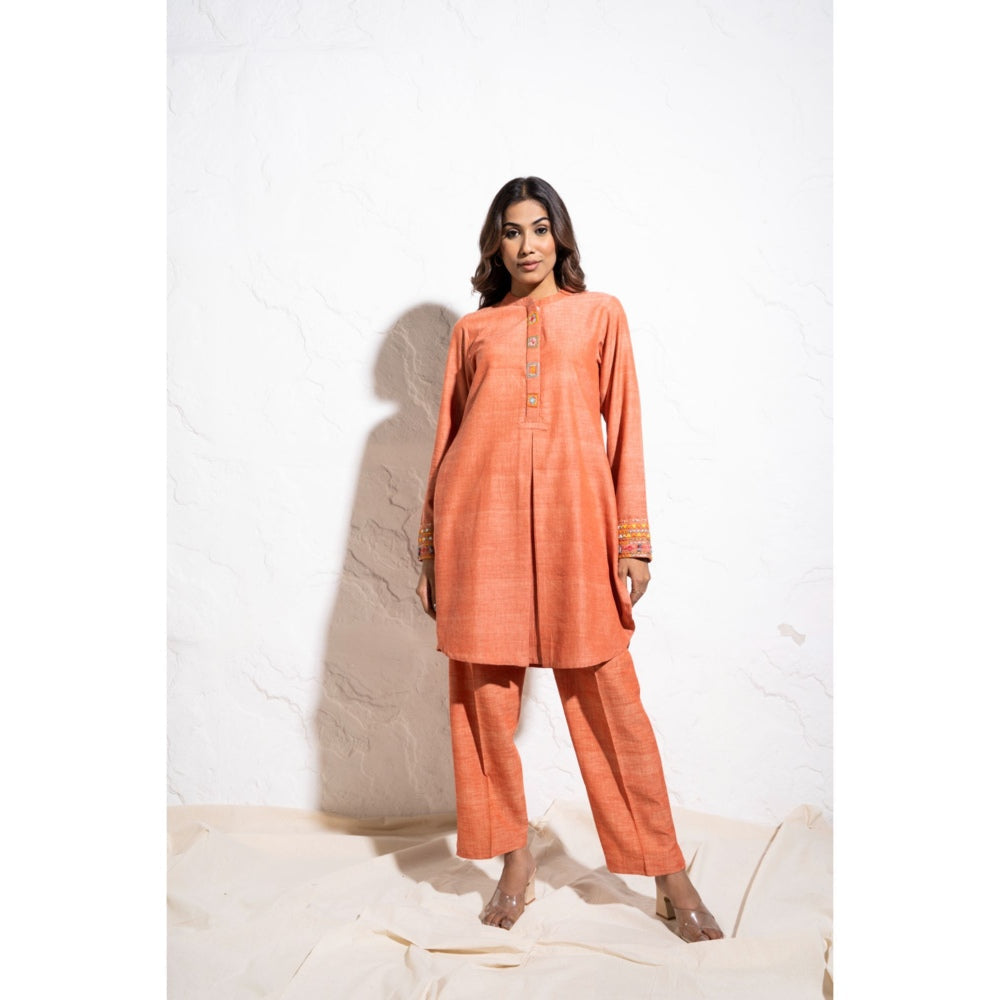 The White Tree Studio Carrot Red Handwoven Cotton Embroidered Co-ord (Set of 2)