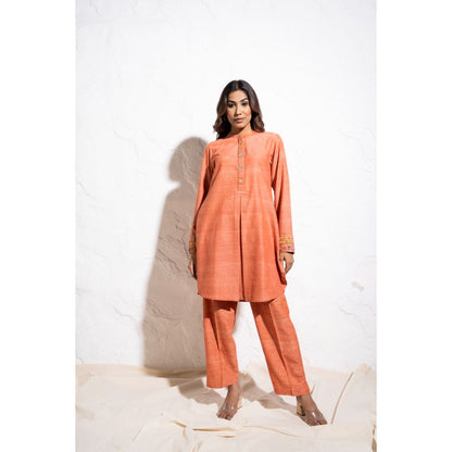 The White Tree Studio Carrot Red Handwoven Cotton Embroidered Co-ord (Set of 2)