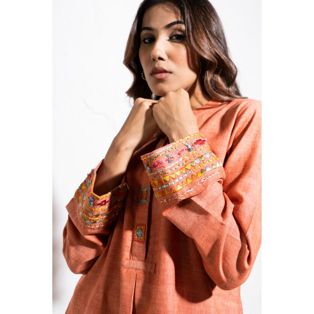 The White Tree Studio Carrot Red Handwoven Cotton Embroidered Co-ord (Set of 2)