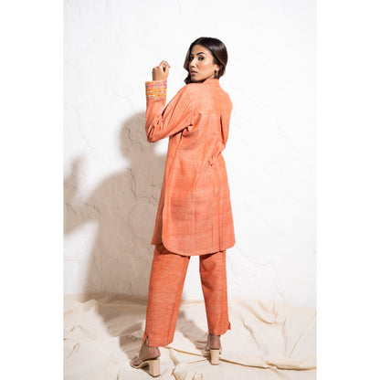 The White Tree Studio Carrot Red Handwoven Cotton Embroidered Co-ord (Set of 2)