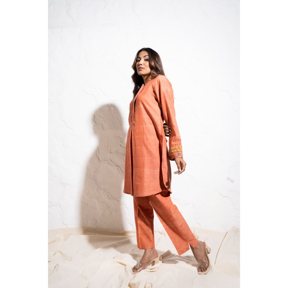 The White Tree Studio Carrot Red Handwoven Cotton Embroidered Co-ord (Set of 2)