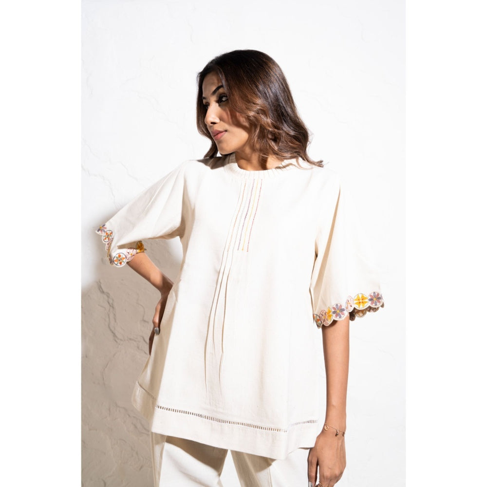 The White Tree Studio Off-white Handwoven Cotton Embroidered Co-ord (Set of 2)