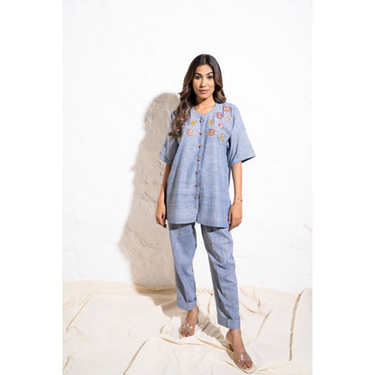 The White Tree Studio Denim Blue Handwoven Cotton Embroidered Co-ord (Set of 2)