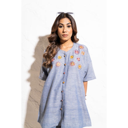 The White Tree Studio Denim Blue Handwoven Cotton Embroidered Co-ord (Set of 2)