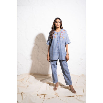 The White Tree Studio Denim Blue Handwoven Cotton Embroidered Co-ord (Set of 2)