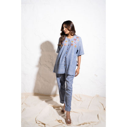 The White Tree Studio Denim Blue Handwoven Cotton Embroidered Co-ord (Set of 2)