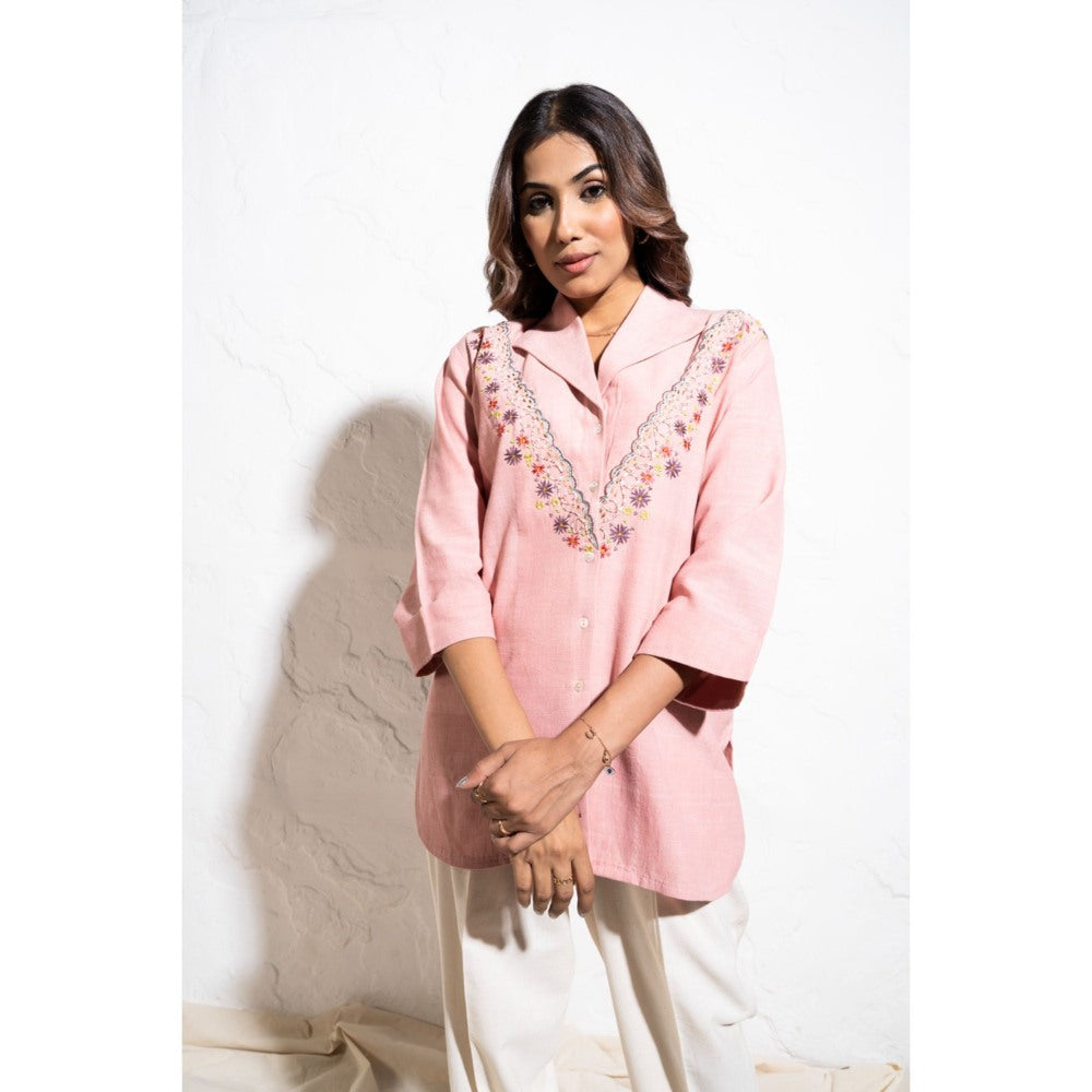 The White Tree Studio Everyday Handwoven Cotton Baby Pink Embroidered Shirt
