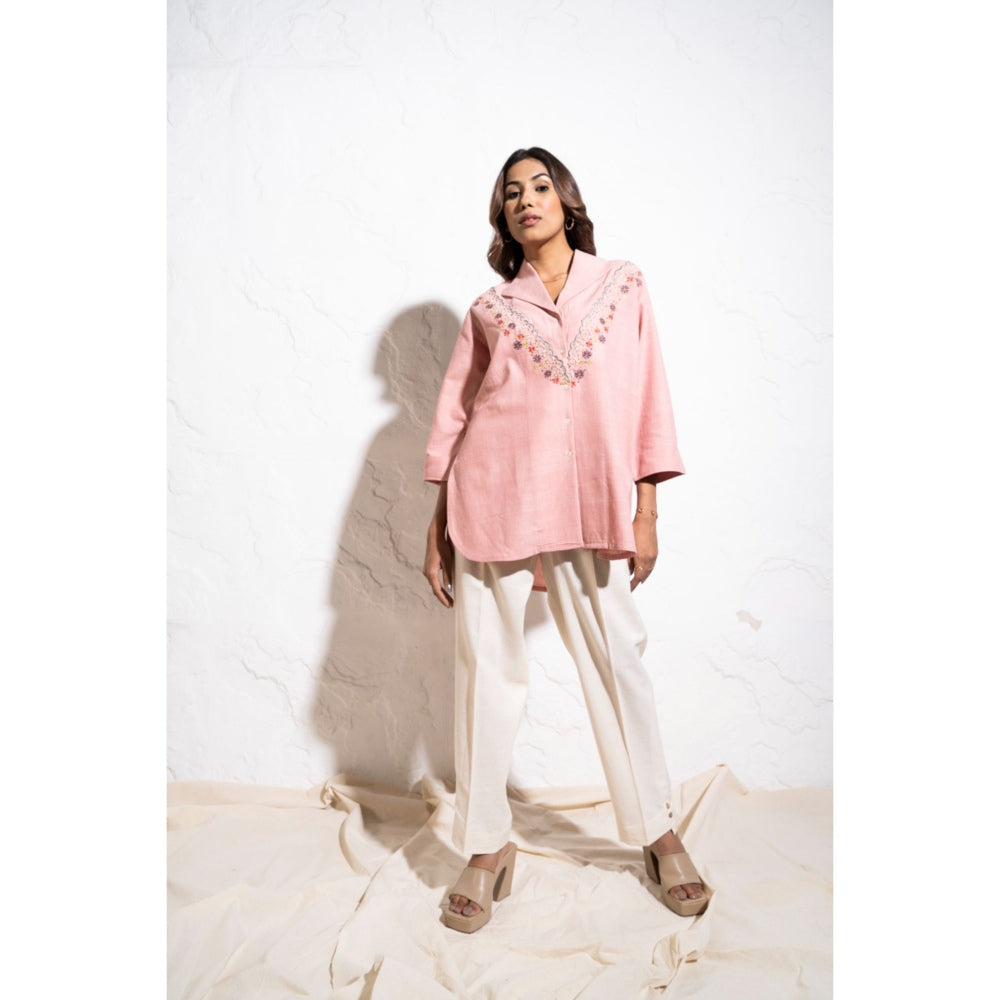 The White Tree Studio Everyday Handwoven Cotton Baby Pink Embroidered Shirt