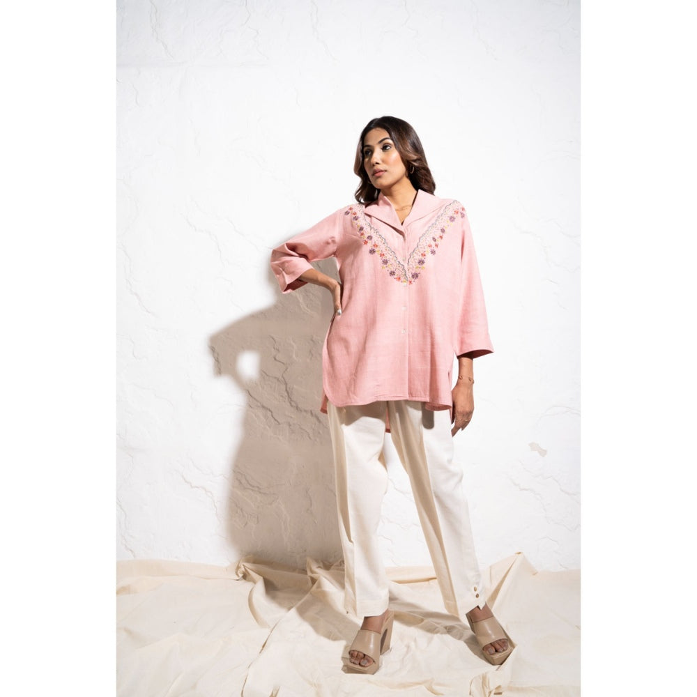 The White Tree Studio Everyday Handwoven Cotton Baby Pink Embroidered Shirt