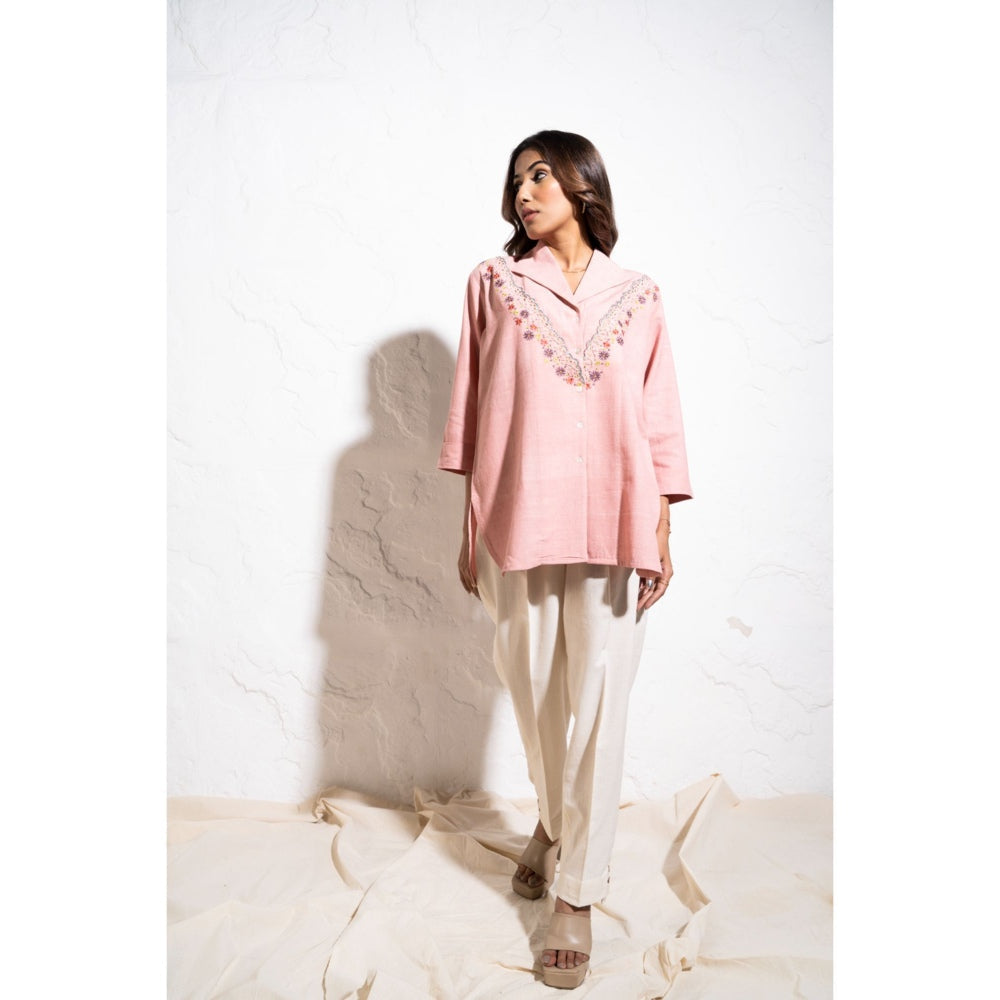 The White Tree Studio Everyday Handwoven Cotton Baby Pink Embroidered Shirt