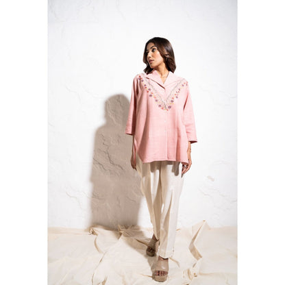 The White Tree Studio Everyday Handwoven Cotton Baby Pink Embroidered Shirt