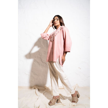 The White Tree Studio Everyday Handwoven Cotton Baby Pink Embroidered Shirt