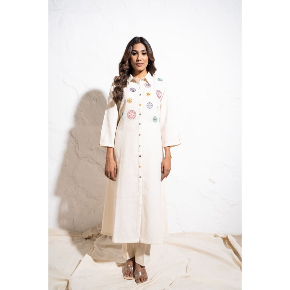 The White Tree Studio Off-white Handwoven Cotton Embroidered Shift Midi Dress