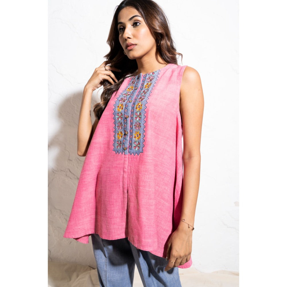 The White Tree Studio Embroidered Yoke Handwoven Cotton Berry Pink Top