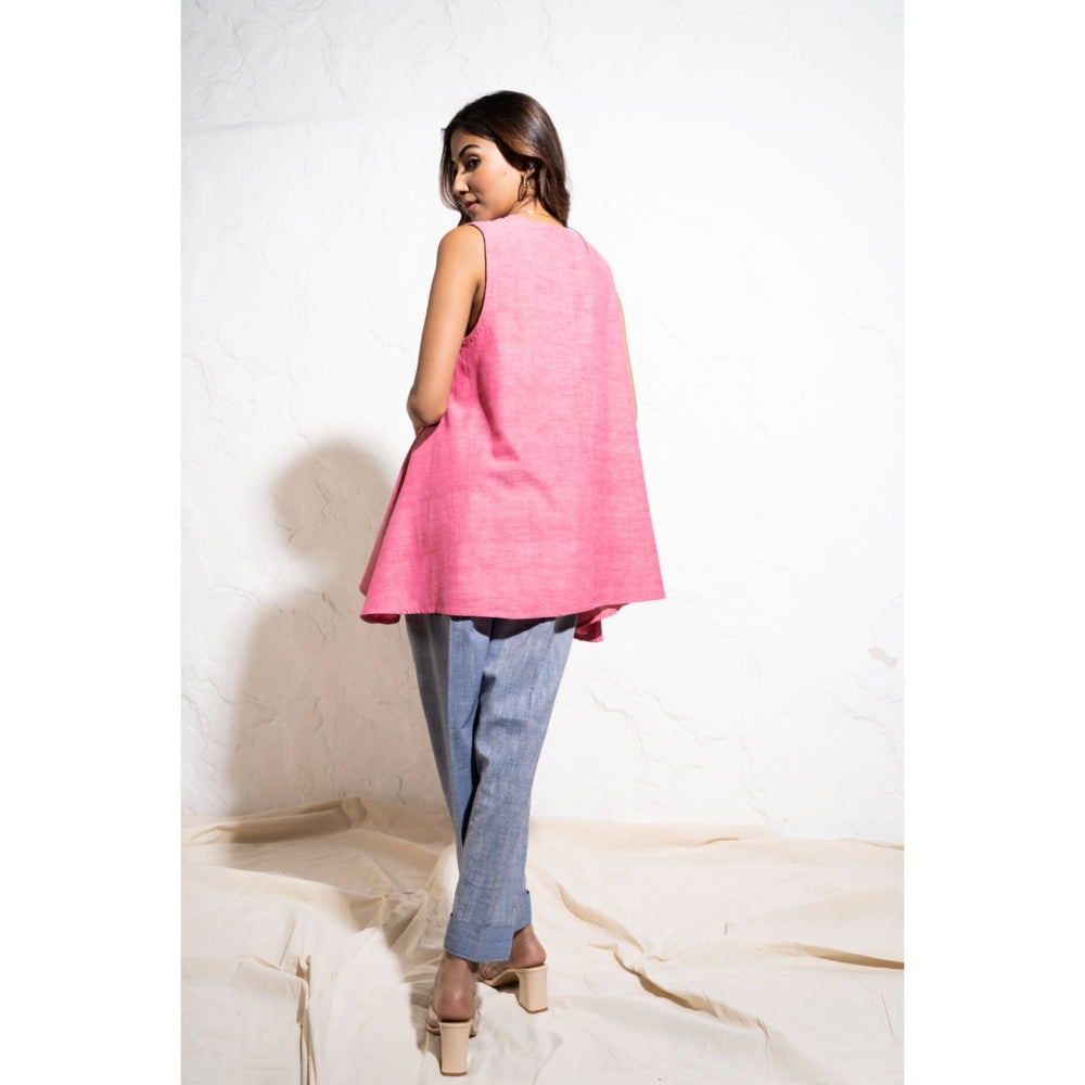 The White Tree Studio Embroidered Yoke Handwoven Cotton Berry Pink Top